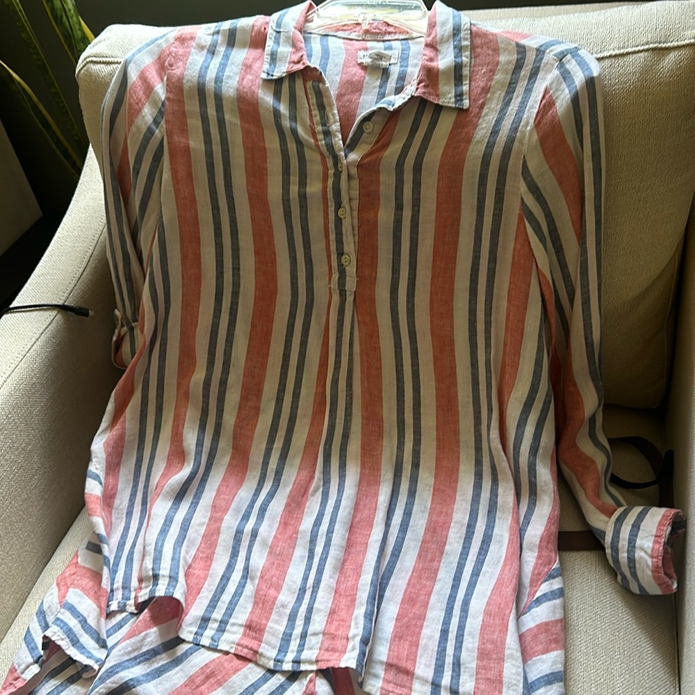 Artisan NY striped linen half button up blouse Small oversized